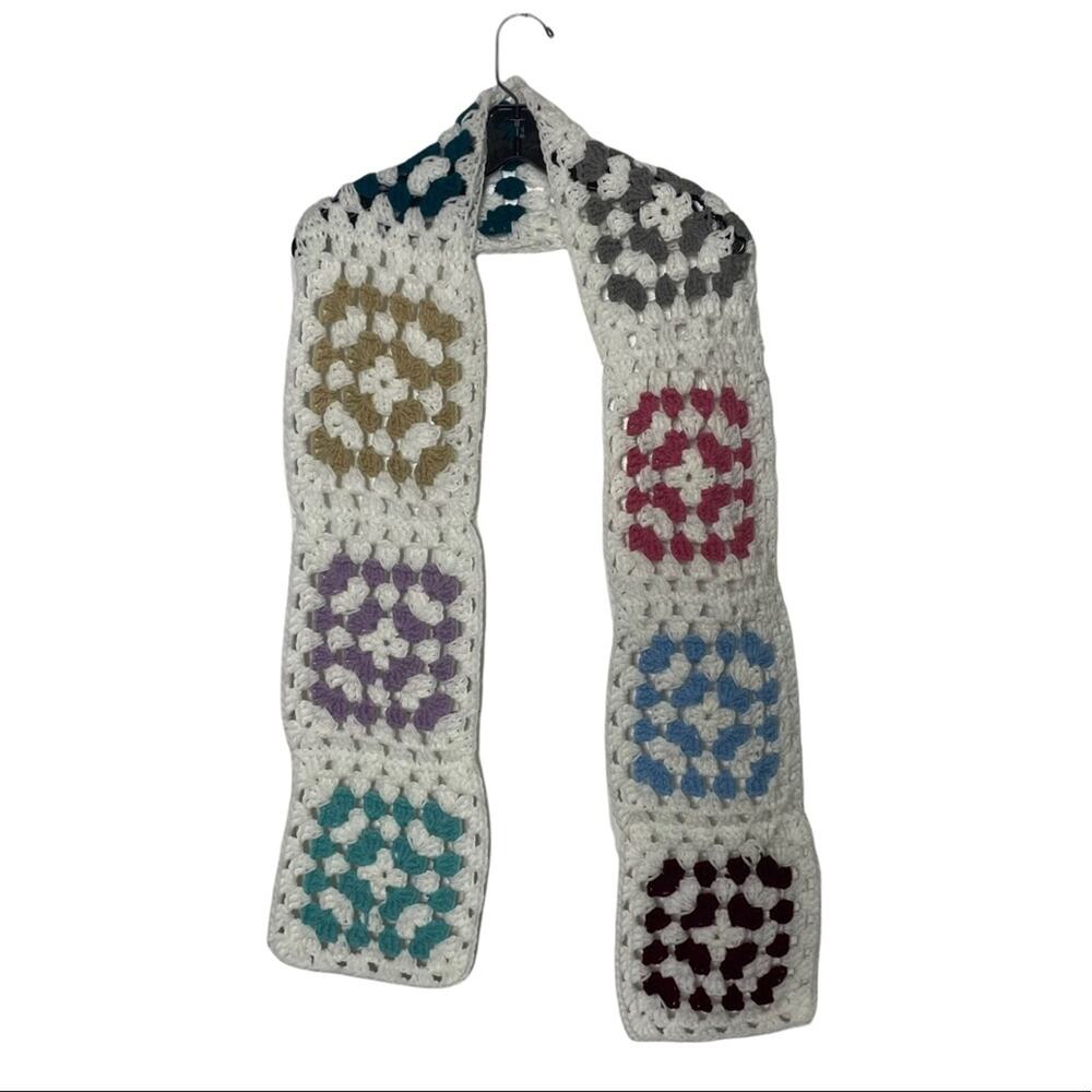 Hand Made Knit Scarf Granny Quilt Pattern Cottagecore Preppy Boho 72 X 8